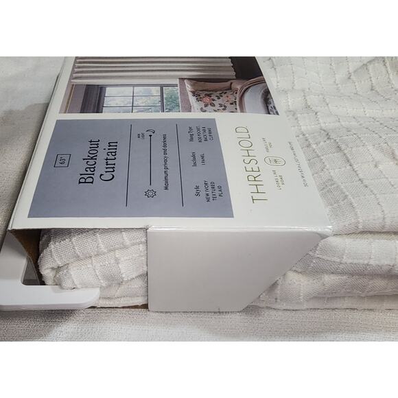 Threshold black out curtain set W 54'' x L 63'' New ivory texture plaid - Picture 8 of 9